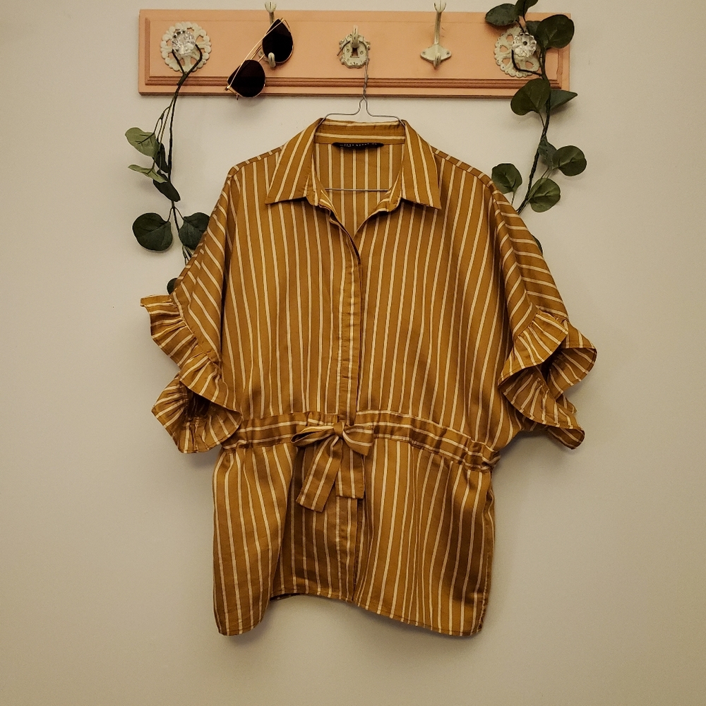 Zara | Mustard Striped Ruffled Sleeve Drawstring Frill Button Up Top Size M